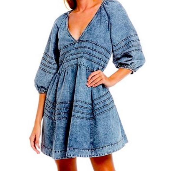 Free People Dresses & Skirts - Free People Sweet Surrender Denim Mini Dress Size S Balloon Sleeves
